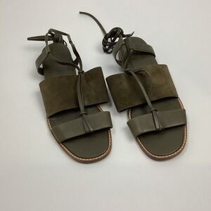 Vince Olive Green Leather Suede Lace Up Ankle Tie Flat Sandals Womens